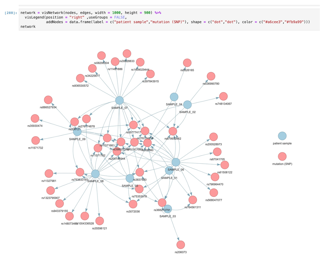 Figure 4: Multiple samples from different breast cancer patients (blue nodes, labelled with prefix “SAMPLE”) and the detected BRCA2 mutations (red nodes labelled with prefix with “rs”). The cluster of red nodes at the center denote the most common mutations.
