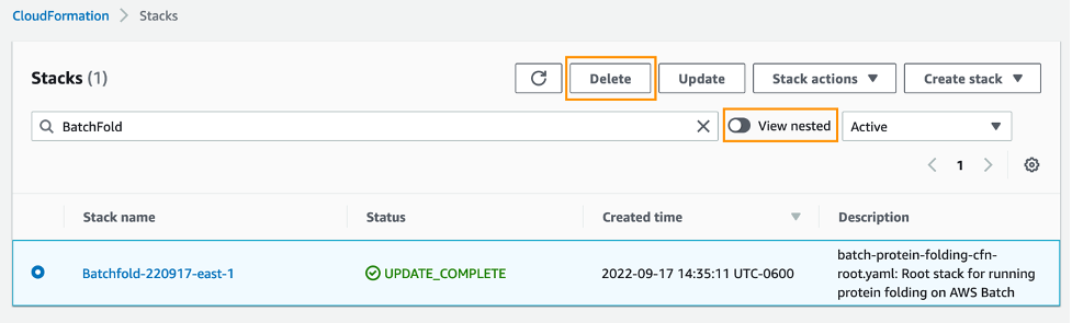 Figure 7 - A view of the AWS Management Console showing how to delete the CloudFormation stack