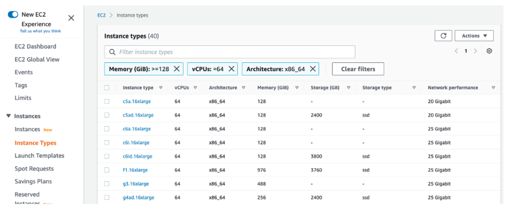Figure 2 - the instance type search window in the Amazon EC2 console allows you to search for instance types by filtering for common properties.