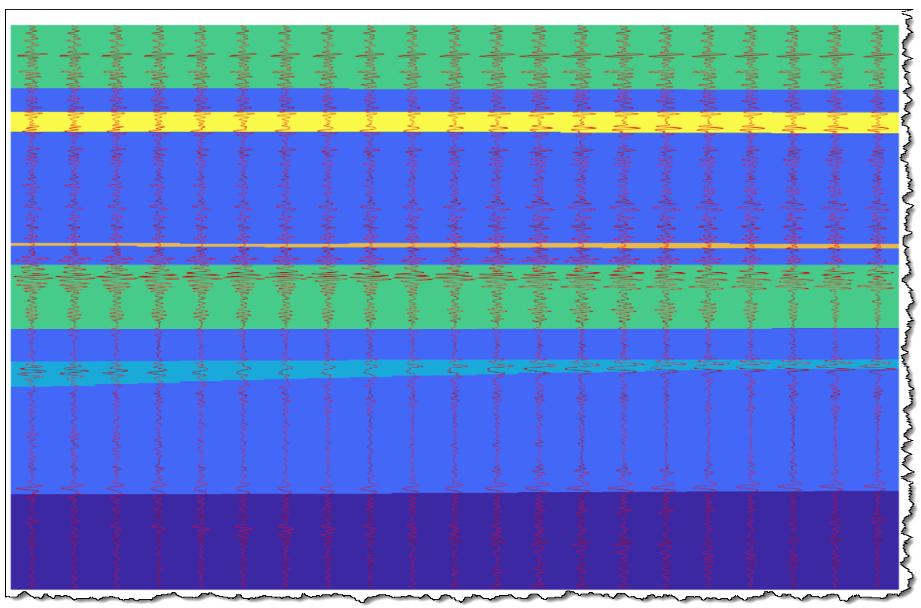 Figure 3: Plots of image values (red) as a function of depth, superimposed on the facies interpretation in a small section. Note that that a burst of high echo-amplitudes rapidly alternating between positive and negative values is characteristic of the transition between “blue” and “green” facies across the middle part of the image. 