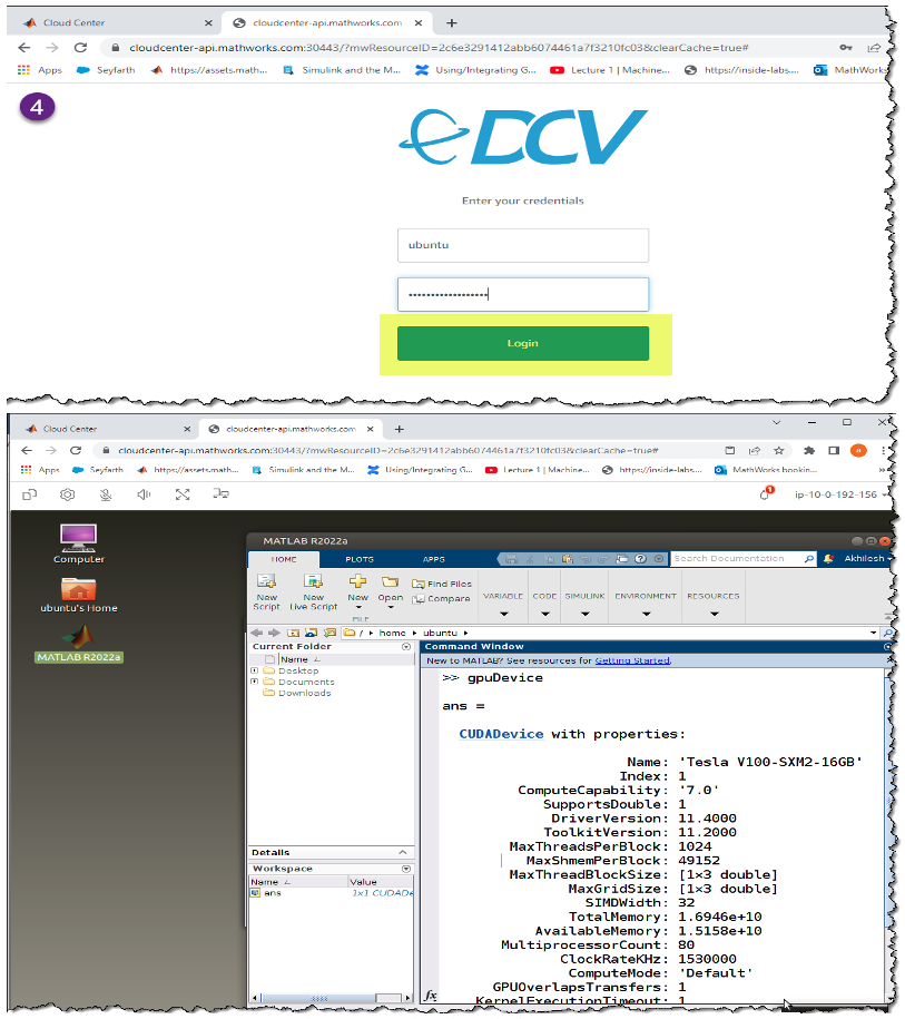 Figure 5: Launching MATLAB directly on the browser via DCV connection