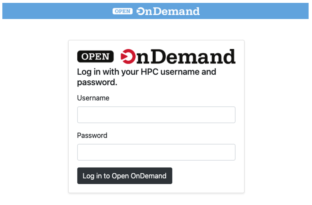 Figure 2: The Open OnDemand login screen. This image shows the screen you’ll be greeted by when accessing your Open OnDemand portal. 