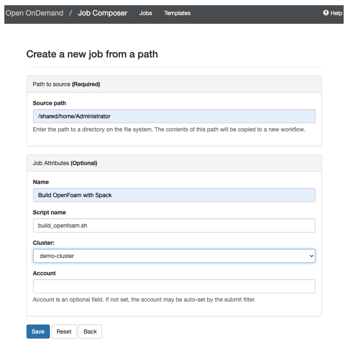 Figure 3: The Open OnDemand job composer. This image shows an example of creating a HPC job from Open OnDemand. 