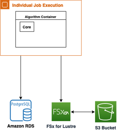 Figure 2: A diagram of the containerized execution showing the application accessing different AWS resources such as Amazon Simple Storage Service (Amazon S3), Amazon Relational Database Service (Amazon RDS) and FSx for Lustre.