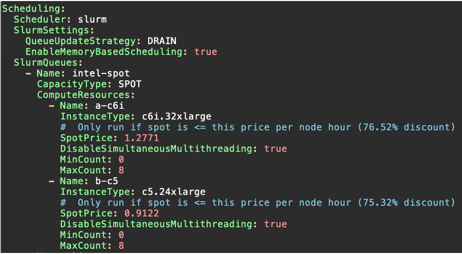 Figure 3. ParallelCluster Queue Configuration example with prescribed Spot Prices, Memory Based Scheduling, Fast-Failover compute resources, and a live-update strategy to reconfigure queues. 