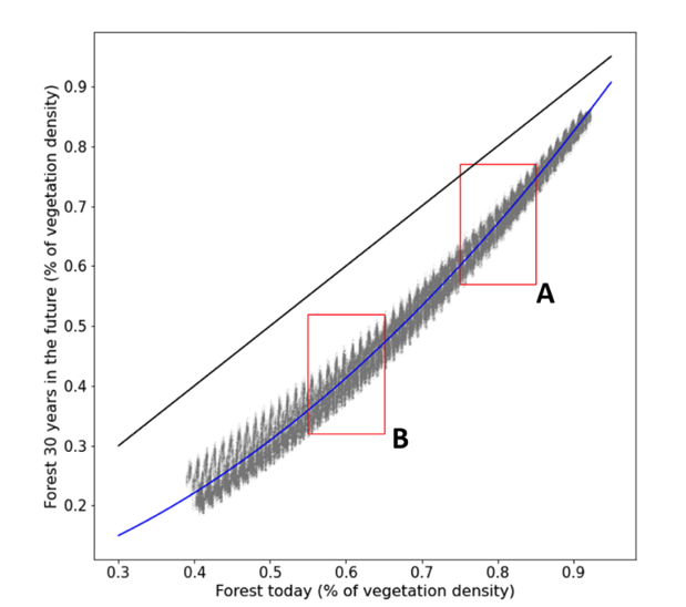 Figure 4. The figure maps vegetation density today on vegetation density 30 years from now. Deforestation causes degradation, which means that deforestation has consequences for other areas of the forest, both today and in the future.