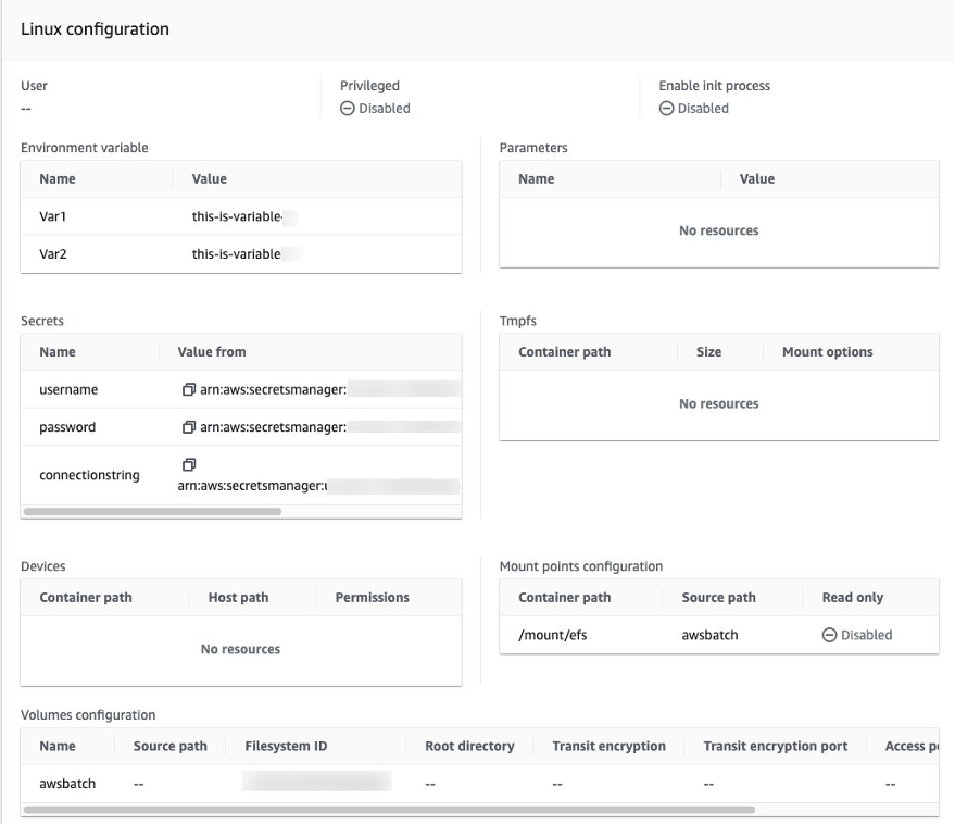 Figure 4:&nbsp; AWS Batch Job Definitions – Linux operating systems configuration depicting environment variables & EFS mount points