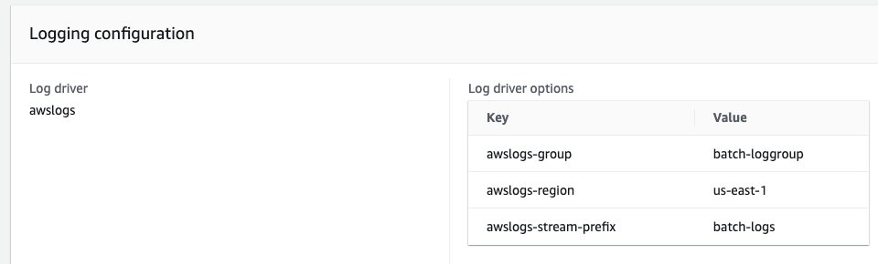 Figure 8: AWS Batch Job&nbsp;Definition&nbsp;- Logging configuration detail panel with awslogs driver options