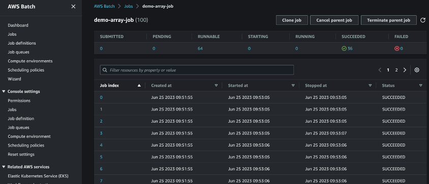 Figure 5 - Reviewing results from induvidual jobs on Amazon CloudWatch
