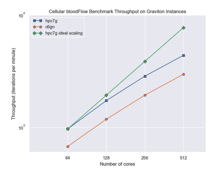 Figure 5. Cellular blood flow benchmark throughput (higher is better) on our two instance types.