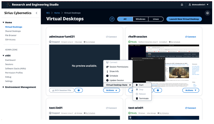 Figure 5 – Researchers and admins alike can leverage RES to create Engineering Virtual Desktops (eVDI) backed by Amazon EC2. The RES Virtual Desktop screen shown here lists all the eVDI sessions a user created with controls to spin up, shut down, or schedule uptime. 