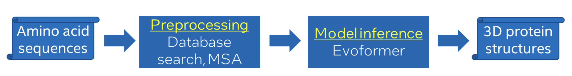 Figure 2: The AlphaFold2-based protein structure prediction pipeline that requires an input amino acid sequence. The pipeline has two stages, namely database search for multiple sequence alignment and Evoformer model for structure prediction.
