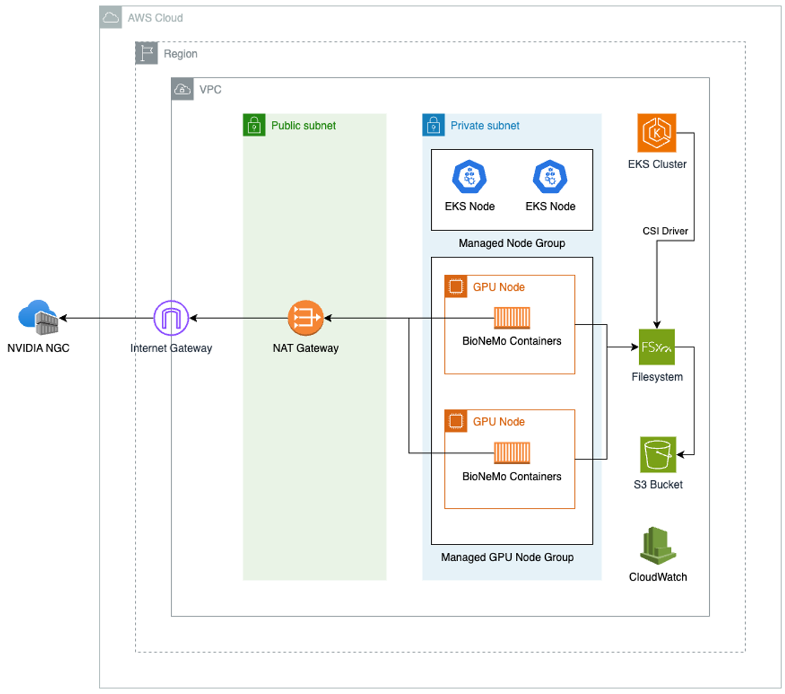 Figure 2:&nbsp; This architecture diagram shows Amazon EKS cluster with GPU nodes, Amazon FSx for Lustre filesystem, and BioNeMo containers. GPU nodes are optimized for machine learning workloads. The FSx filesystem enables fast access to data needed for distributed training. Amazon CloudWatch is used for logging and monitoring.