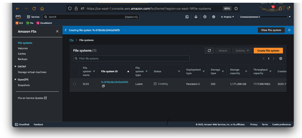 Figure 1 – Screenshot of the ease of creating a Persistent FSx for Lustre 1 TB/s file system in progress