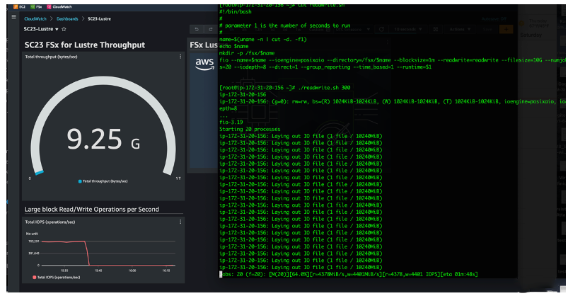 Figure 2 – Screenshot of a single cluster node achieving 9.25 GByte/s of file system Read/Write throughput via fio