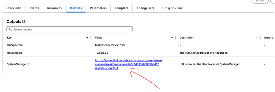 Figure 6. The Outputs tab in the CloudFormation console shows a link to securely connect to the cluster through AWS Systems Manager (SSM), without needing a password or certificate.