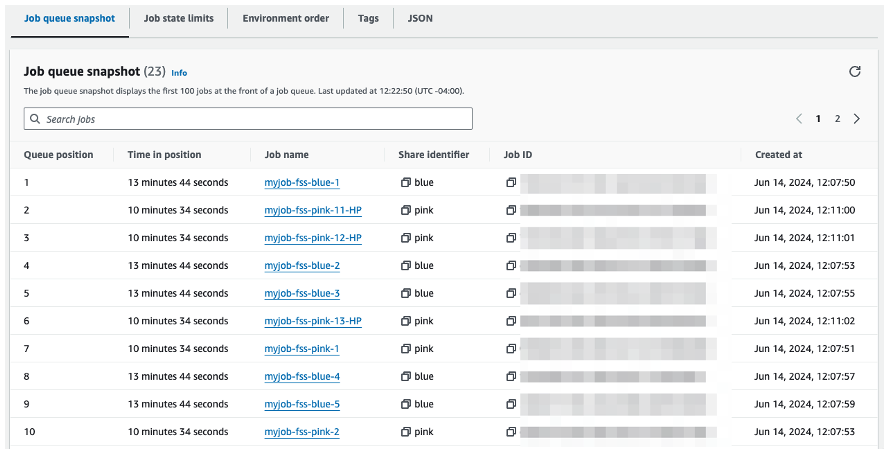 Figure 2: The AWS Batch management console showing the job queue snapshot tab. The tab shows that high-priority pink jobs have moved ahead of lower priority pink jobs, but are still interleaved with blue jobs.