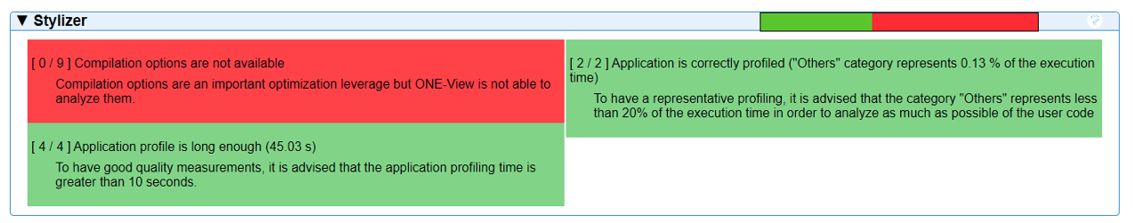 Figure 1– The stylizer table displays the profile conformity check. Some server configurations or applications compilation options can make the profile imprecise or incomplete. MAQAO being self-aware of its limitations, it warns when such case is encountered.
