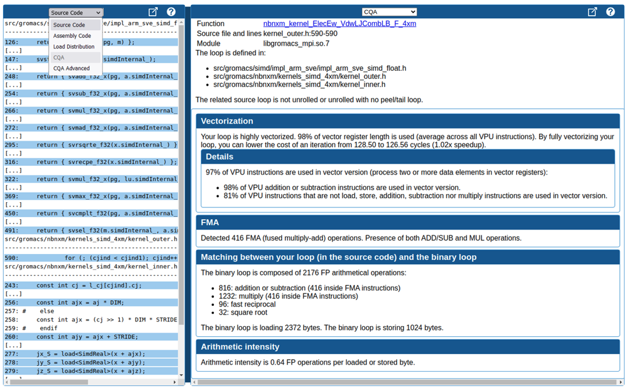 Figure 8 – The loop tab shows static and dynamic analyses performed on a loop. Drop-down menus allow to select which analysis result to explore.