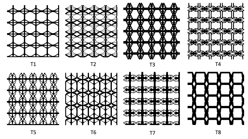 Figure 6 - Overview of designs produced using the diffusion model based on a superposition of homogeneous loading conditions with randomized internal forces.