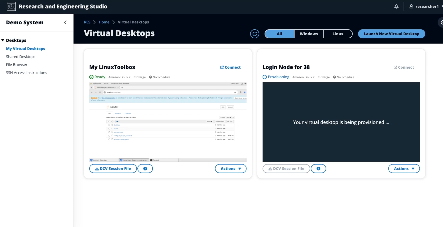 Figure 3 - Research and Engineering Studio (RES) is an AWS supported, open-source product that&nbsp;provides a single pane of glass for users to launch and connect to secure virtual desktops.