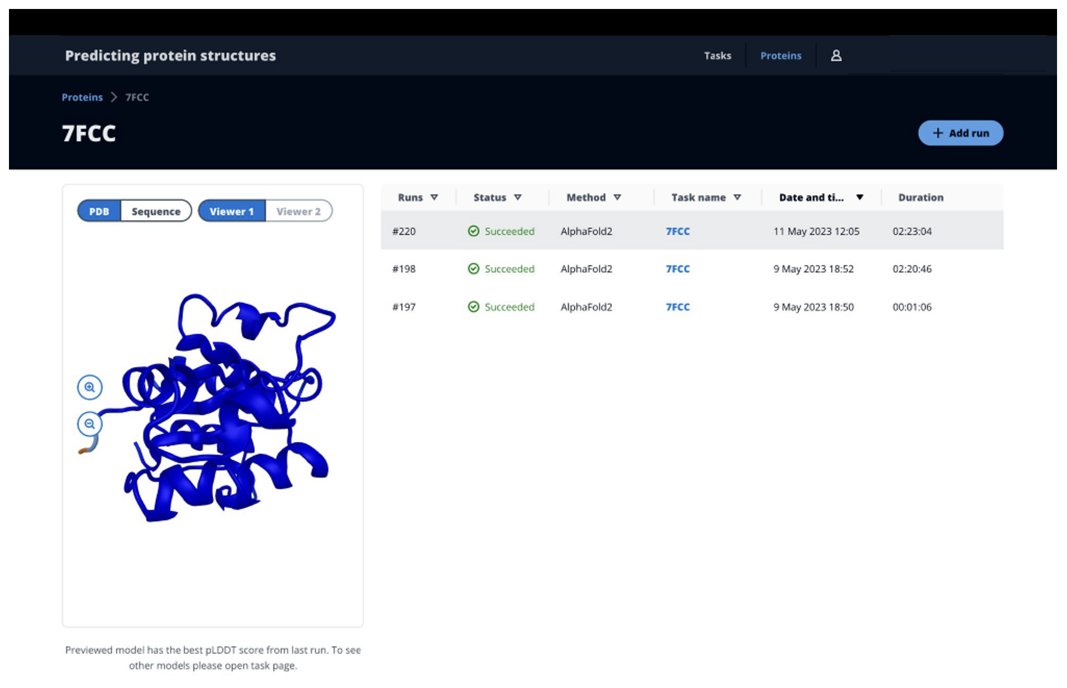 Figure 3: The summary page for protein 7FCC shows three runs completed, all with AlphaFold2.&nbsp; The UI shows the three-dimensional structure for the protein, too, along with the execution timestamp and runtime.