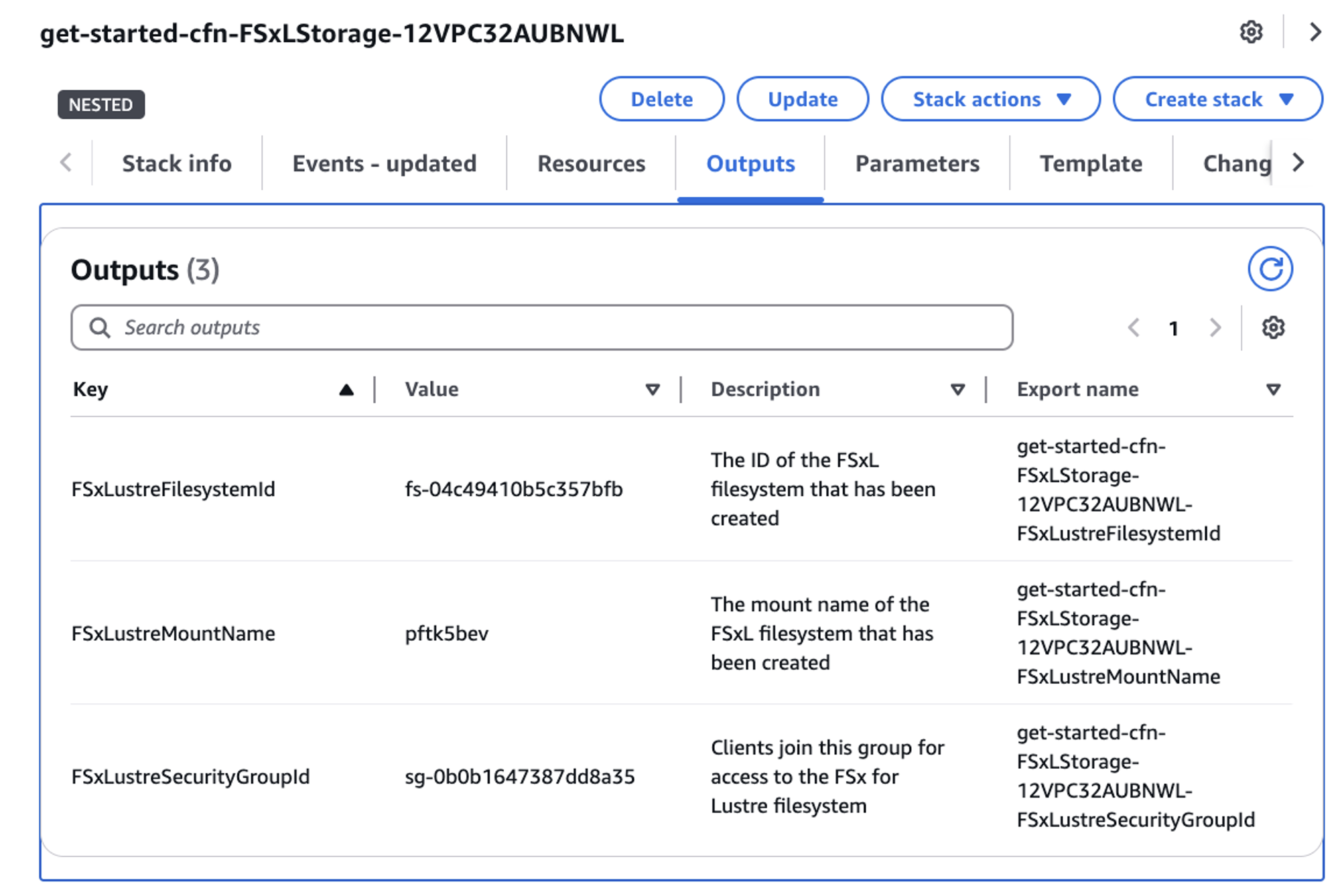 Figure 3: FSx for Lustre CloudFormation stack created by hpc recipes template.