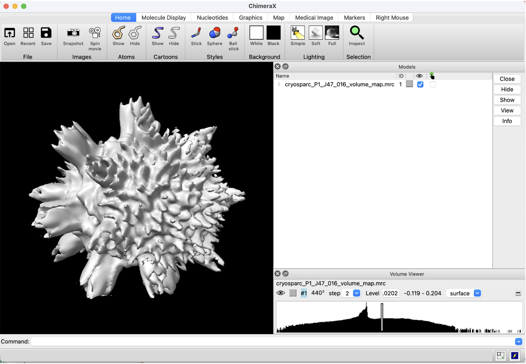 Figure 7: Screenshot of results from EMPIAR 10288 Sample, run through CryoSPARC, and visualized using ChimeraX.