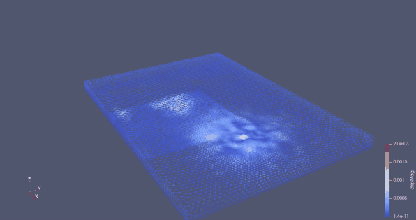 Figure 2a - The first of two examples of the output from a trained U-Net. The color scale is setup to ensure the wave propagation of the displacement magnitude is readily visible which causes the main depression zone to be saturated in color.