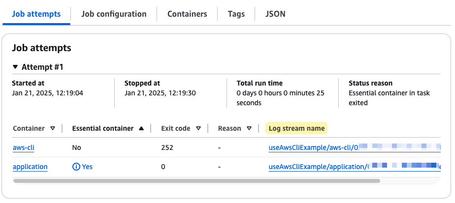 Figure 2: The AWS Batch console view of the completed job, showing links for the Amazon CloudWatch log streams for each of the two containers.