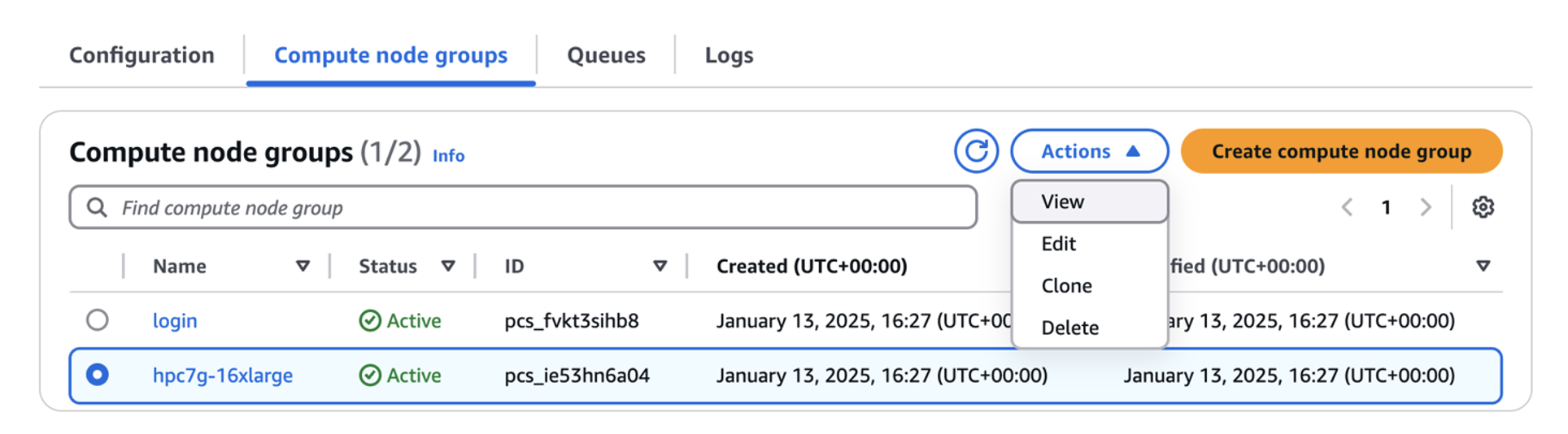 Figure 2 - You can clone compute node groups in the PCS console. This is helpful if you're experimenting with a new idea or planning to create a new job queue which needs similar (but not identical) resources to your other queues.