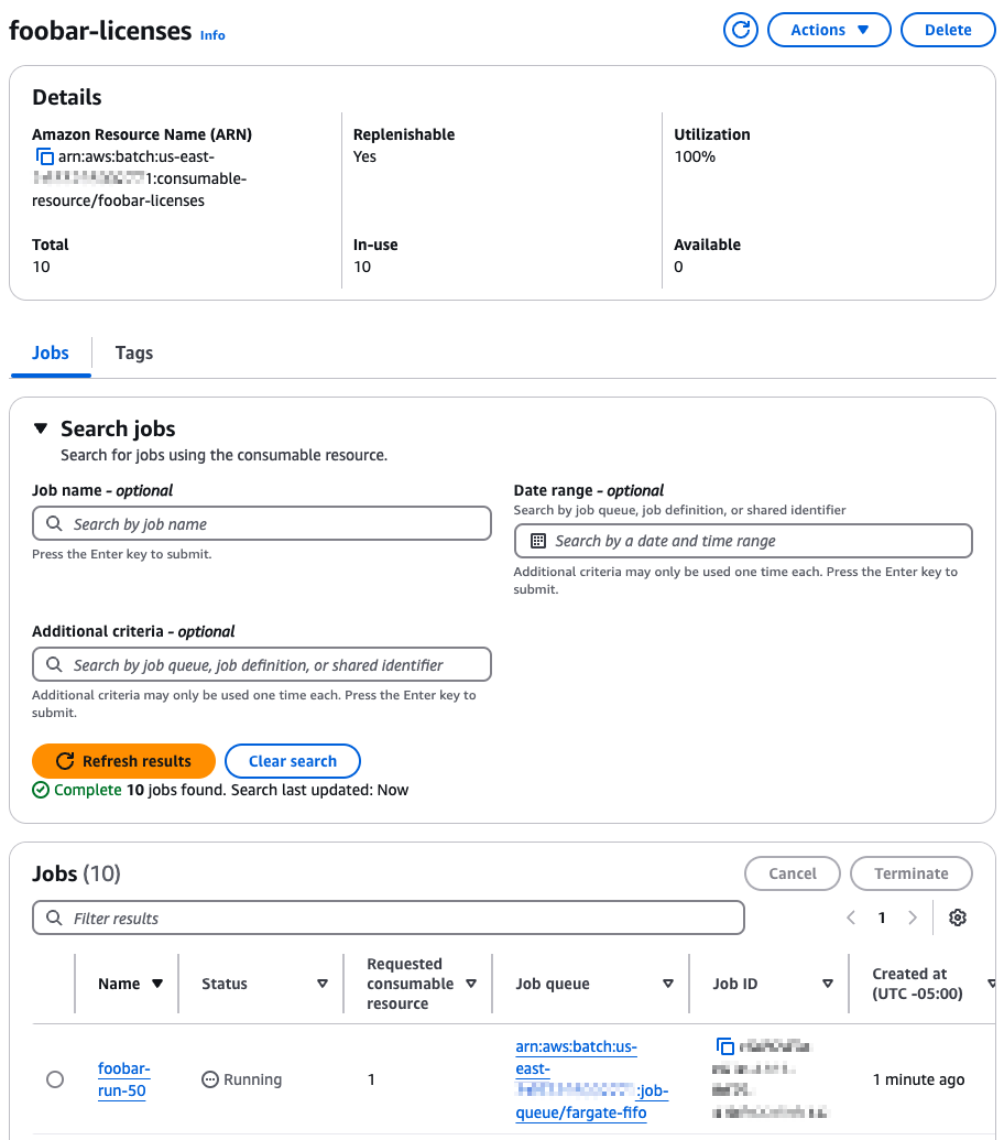 Figure 3 - The Consumable resource details page for "foobar-licenses" showing 10 of 10 ar &nbsp;in use, and a jobs search box to view the jobs that have a reservation on the consumable resource, even across job queues.
