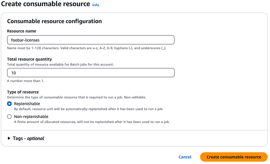 Figure 1 - The AWS Batch management console Create consumable resource form showing the creation of the “foobar-licenses” replenishable consumable resource with a count of 10.