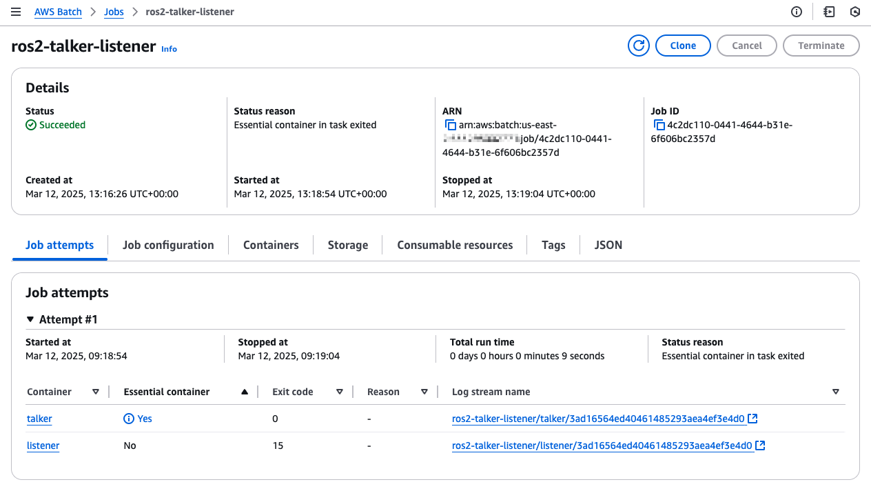 Figure 13 - Job details console view, showing successful job completion status, as well as details on the containers.