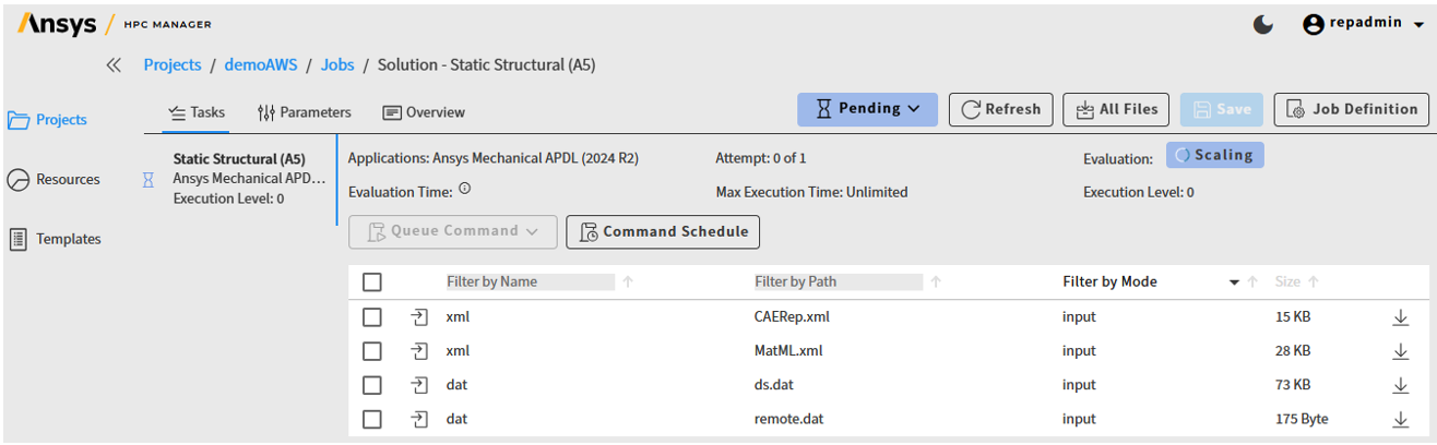 Figure 10: HPS job monitoring UI. Users can access this UI from their web browser to see the job’s status (Pending, Running, Evaluated), watch log files, and download individual files.