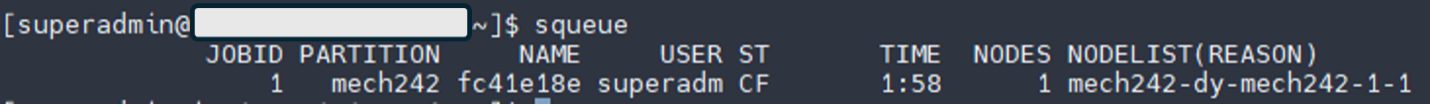 Figure 11: Querying Slurm with “squeue” on the Linux command line. The command returns a list of jobs and details like the job state and assigned resources.