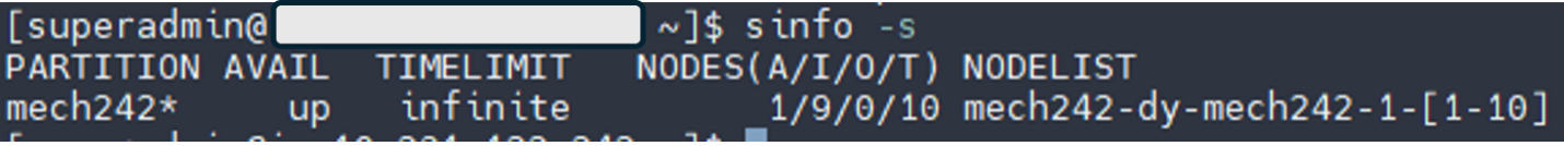 Figure 12: Querying Slurm with the “sinfo” command to view a list of available queues. One queue is returned with details about the name and number of nodes in use.