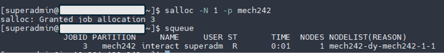 Figure 13: Submitting a job to Slurm directly via the “salloc” command and monitoring it with “squeue”.