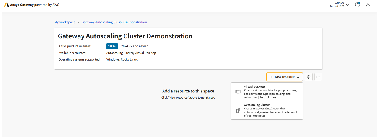Figure 3: An empty project space with an open dropdown list prompting the user to create either a new virtual desktop or clusters.