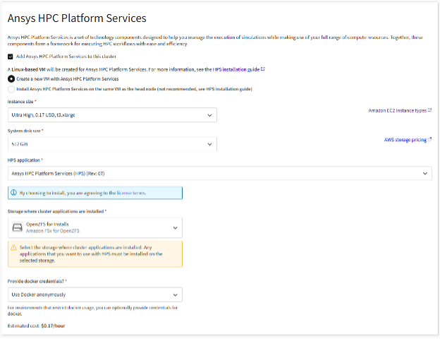 Figure 6: Cluster creation wizard step for Ansys HPC Platform Services (HPS). By default, a Linux-based VM will be created for the user and the HPS services will automatically be deployed.