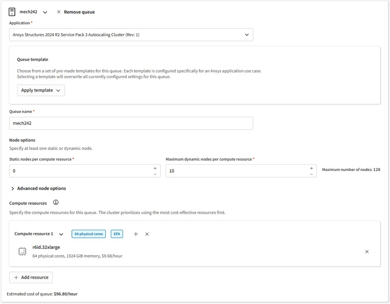 Figure 7: After pressing the “Add queue” button, the user selects the application for this queue, a queue name, the number of static (always available) nodes, the maximum number of dynamic nodes, any advanced options (such as EFA, placement group, etc.), and finally the desired instance type(s). This process is repeated for each queue.