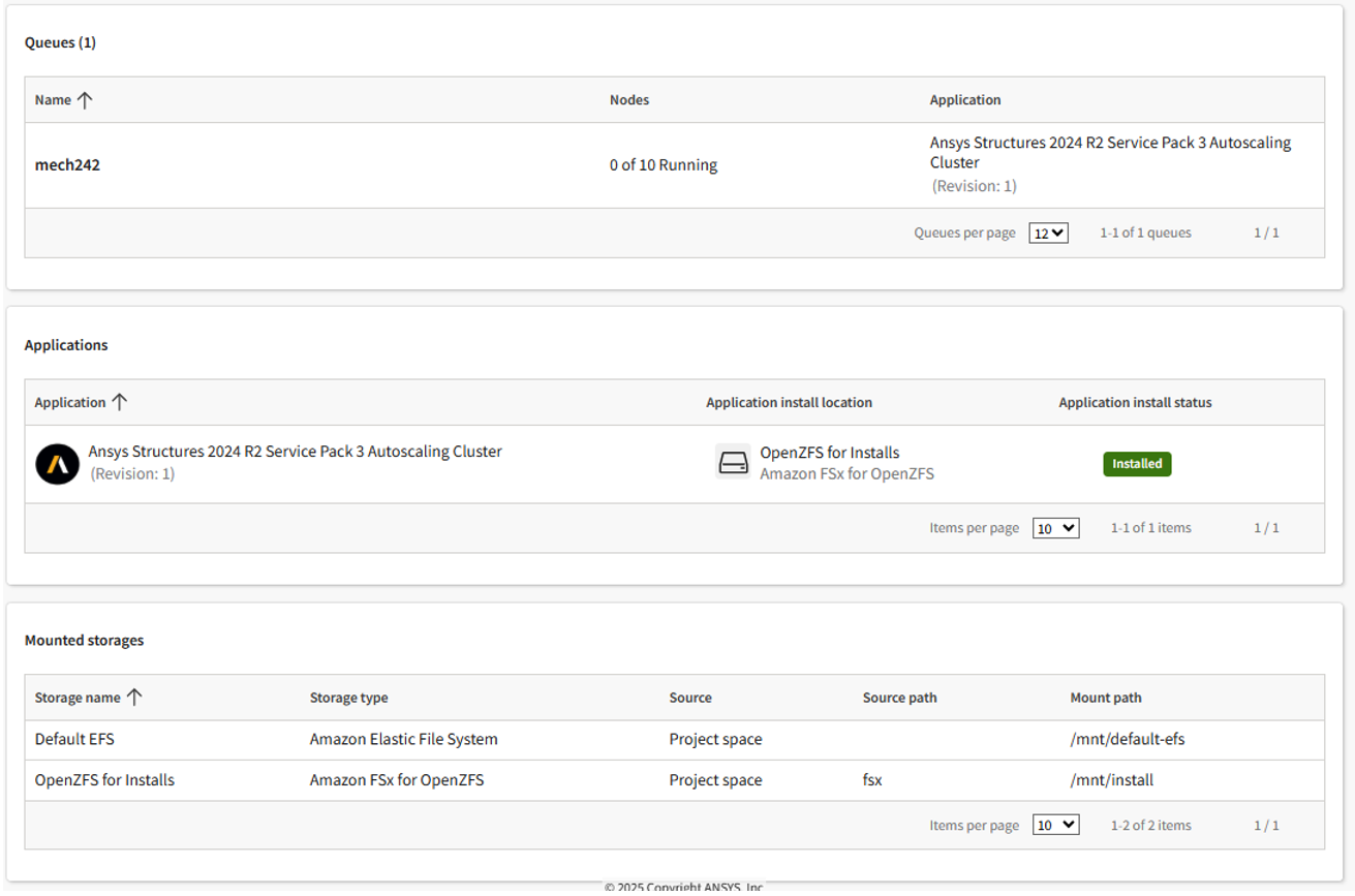 Figure 8b: Cluster overview page showing: the available queues by name (one titled mech242), the number of allocated nodes (0 of 10), and the associated application (Ansys Structure 2024 R2); a list of applications and their installation location (Ansys Structures on Amazon FSx for Open ZFS); a list of mounted storage locations (Default EFS, OpenZFS) including their name, type, and mount path.