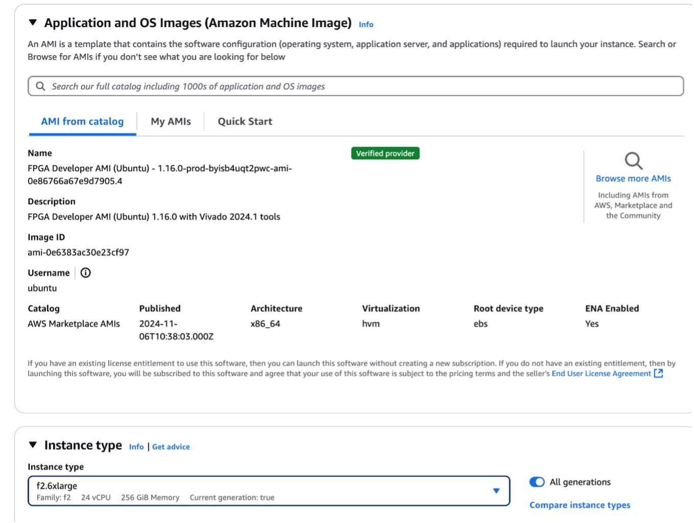 Figure 1 - The AWS Management Console EC2 instance launch dialog showcasing the FPGA Developer AMI and F2 instance type. 