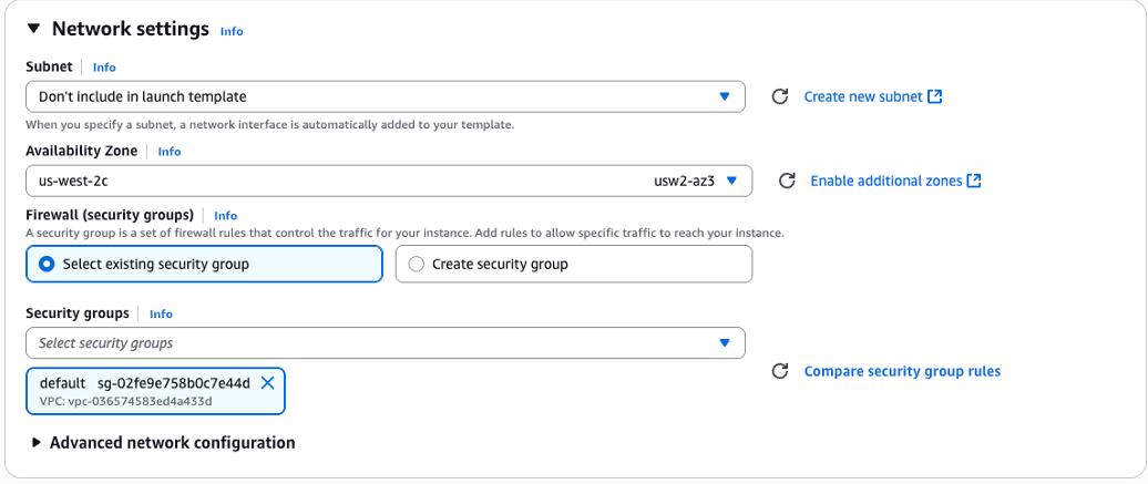 Figure 3 - The AWS Management Console Create Launch Template dialog showcasing the Availability Zone matching the AZ of the Capacity Block and the security group matching the PCS cluster security group.