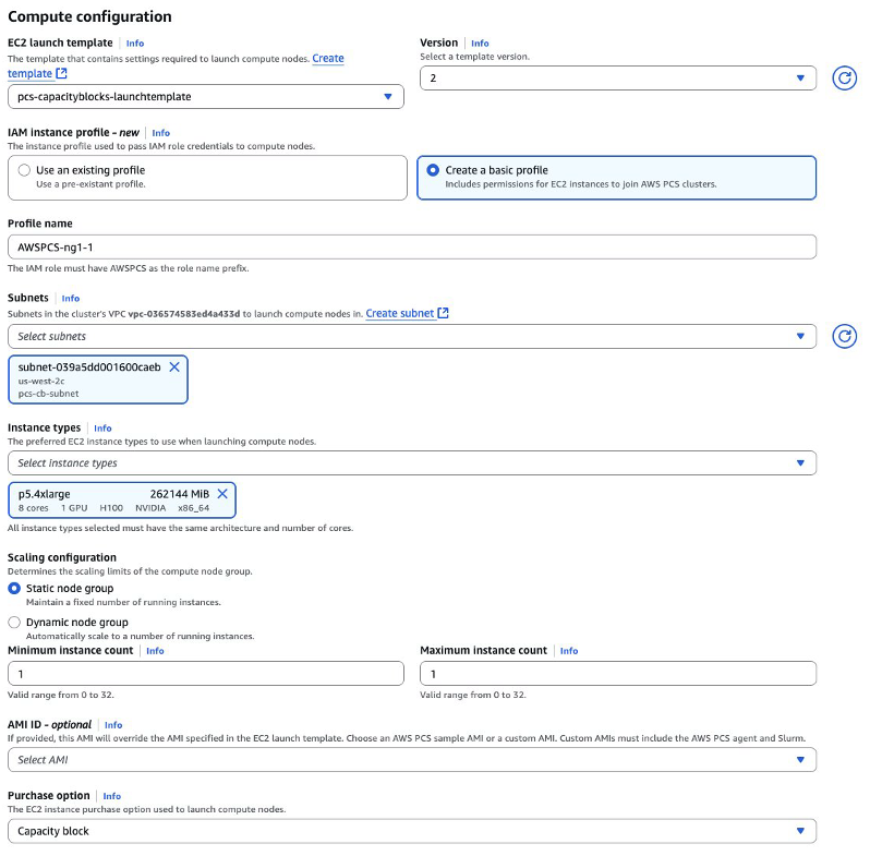 Figure 5- The AWS Management Console PCS Create Compute Node Group dialog showcasing the subnet matching the Capacity Block subnet, the instance type matching the capacity block, and the purchase option as "Capacity Block".