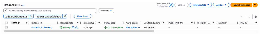 Figure 6 - The AWS Management Console EC2 Instances dashboard showcasing the instance from the Capacity Block has been launched by PCS and has passed the status check