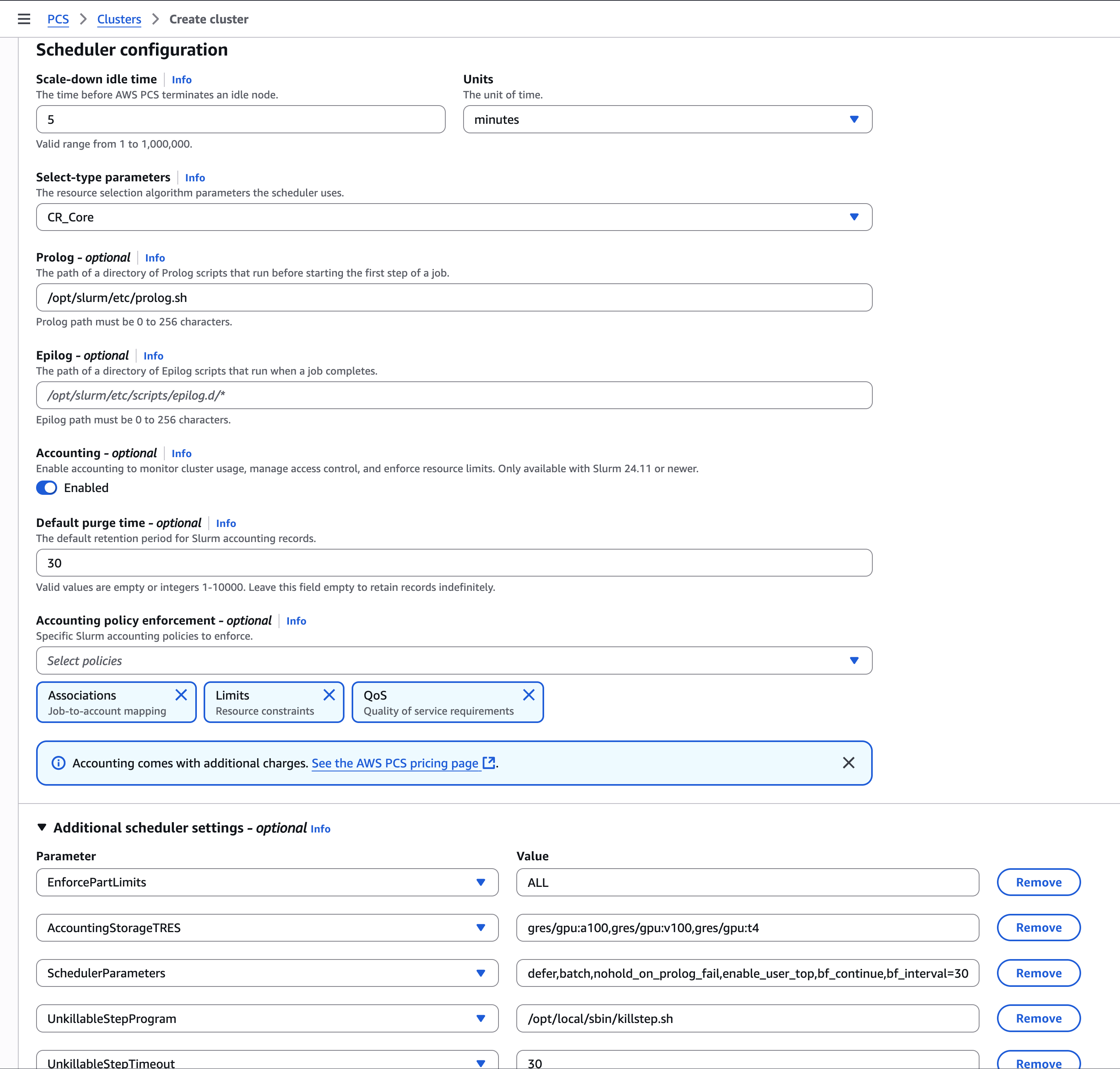 Figure 1 – You can edit Slurm custom settings through the console, CLI, or SDK. Here we show the AWS PCS console wigh various settings being changed. Whichever method you choose, settings are validated for correctness before being accepted.