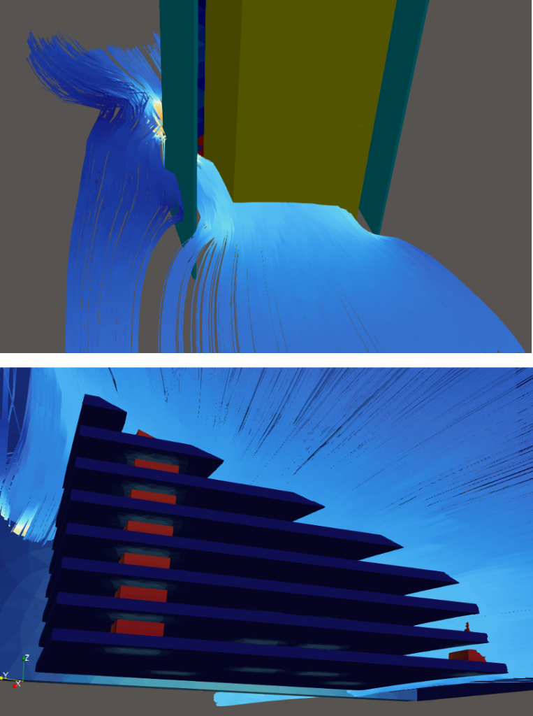 Figure 5 Progressive model refinement showing evolution from simple box geometry to complex multi-component data center rack. Top figure shows that a simple block modelled as porous media. The bottom figure shows modelling the CPUs and cold plates that transfer energy into the rear door heat exchanger.