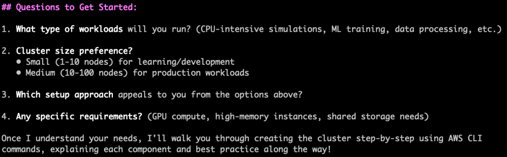 Agent "Questions to Get Started" output