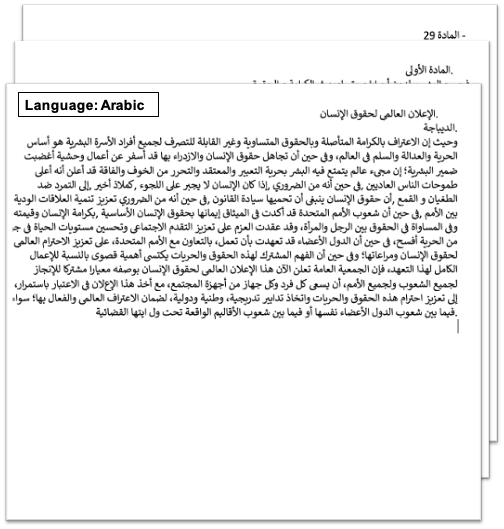 screenshot of a input sample scanned document (UN Declaration of Human Rights) translated from English to Arabic as output